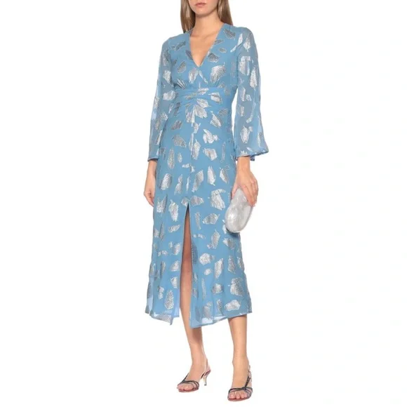 RIXO London Indra Long Bell Sleeve Metallic Print Midi Maxi Dress in Blue - Picture 2 of 14